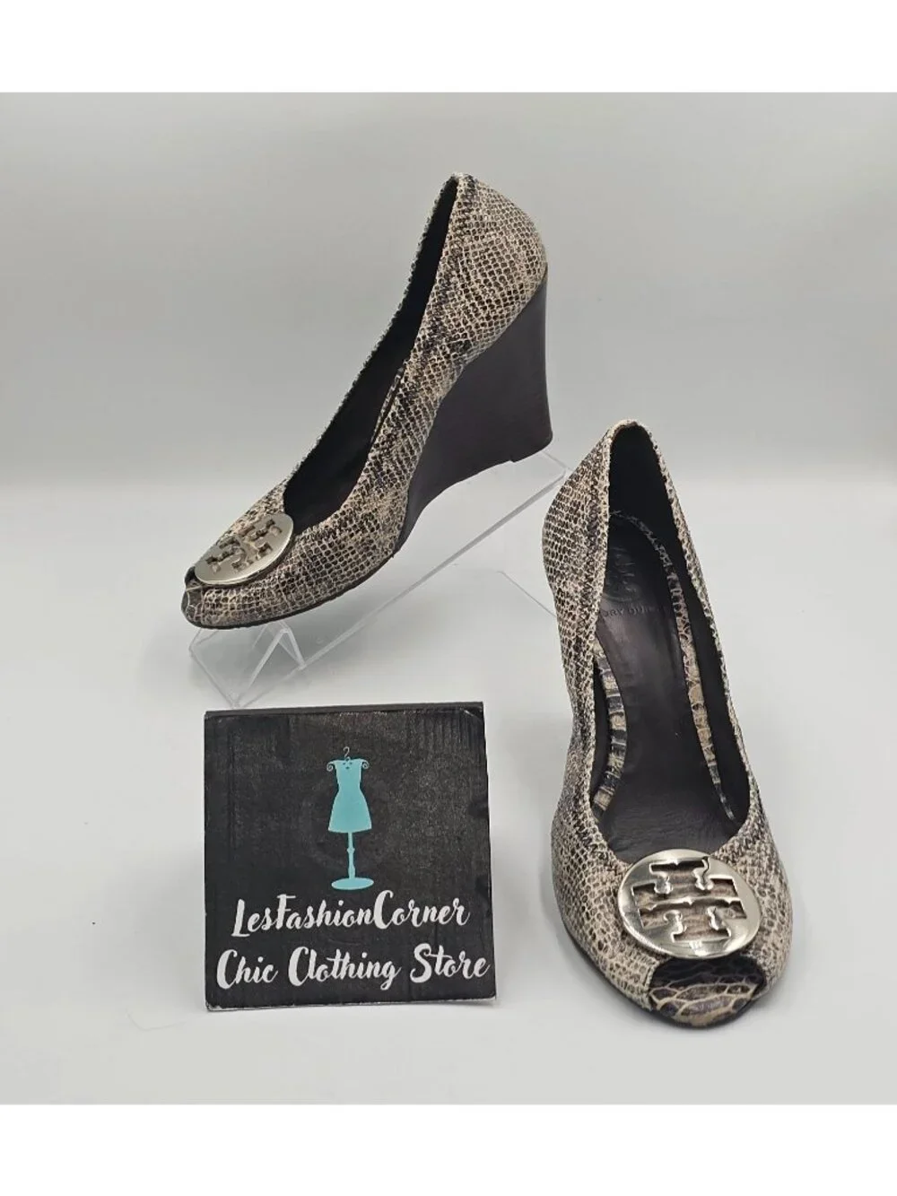 Tory Burch Women's Python Leather Julianne Peep Toe Wedge Pumps Shoe Size 9 3783